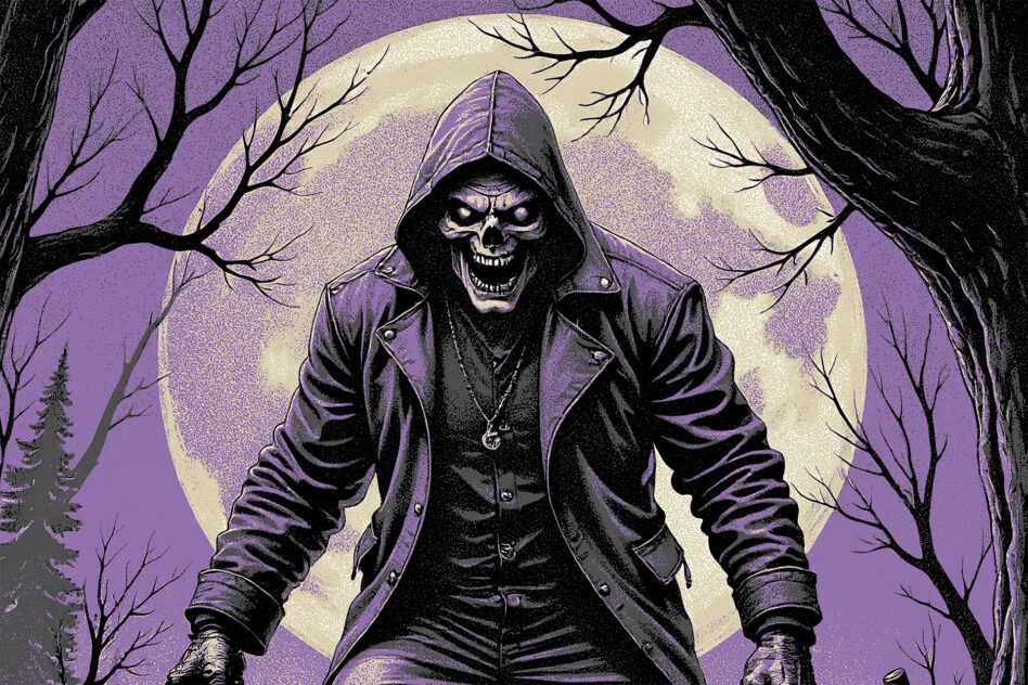 Skeleton character in purple jacket under full moon surrounded by bare trees