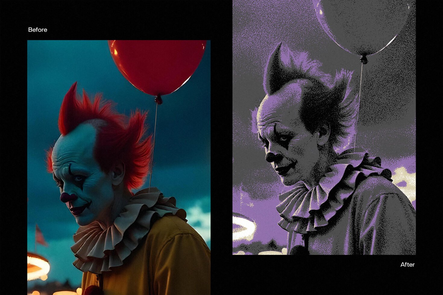 Before and after comparison of clown image with a creative filter applied for graphic design. Ideal for designers seeking unique textures and artistic effects.