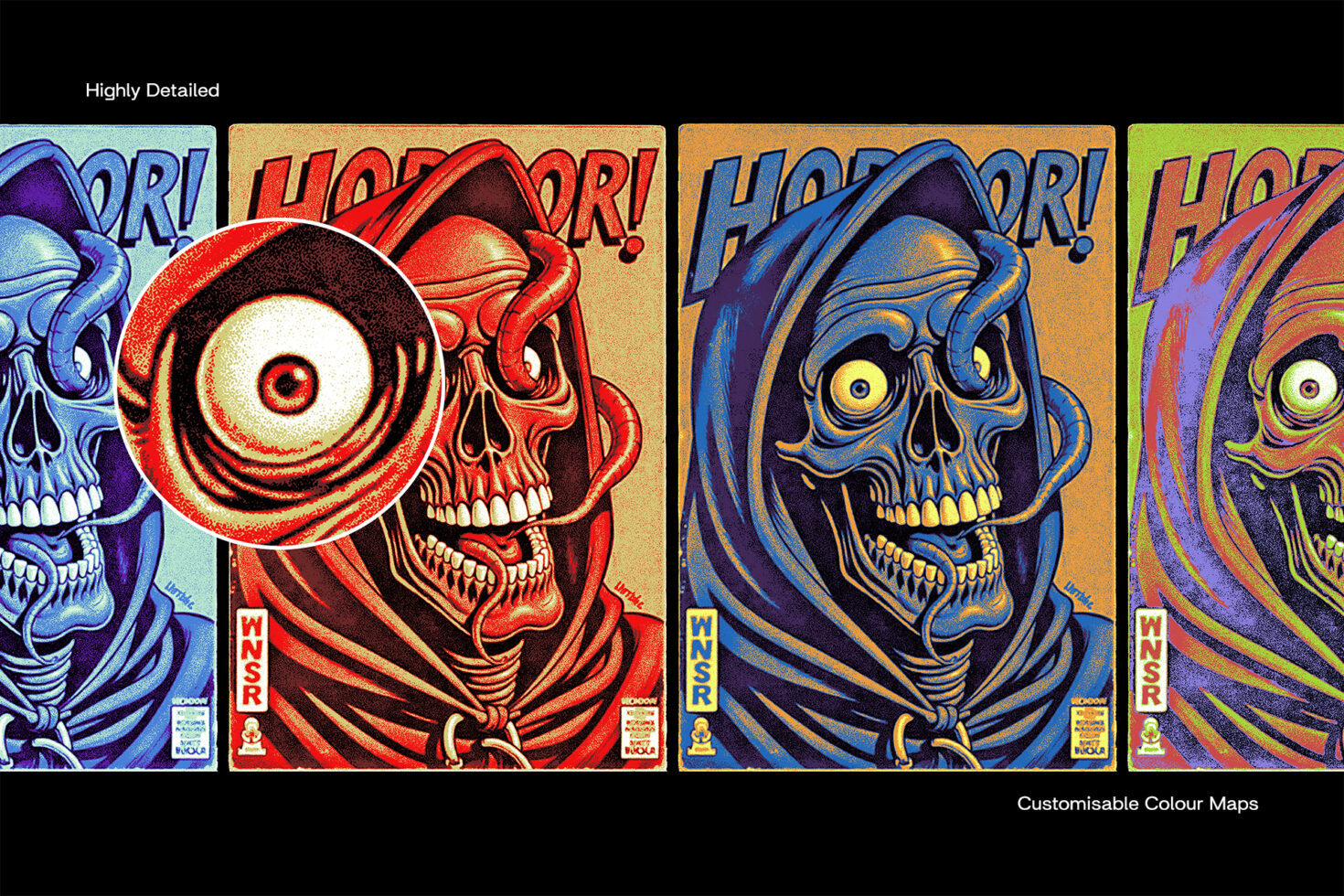 Pop art horror themed poster with a hooded skeleton, customizable color maps for designers, ideal for graphic templates and digital mockup projects.