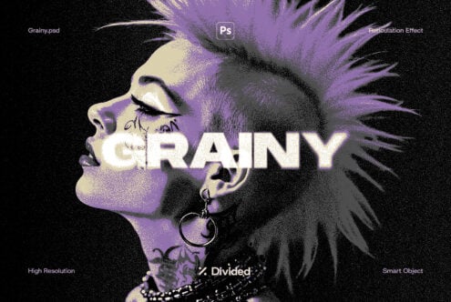 Grainy effect Photoshop mockup showing a profile of a person with a mohawk and earrings. Suitable for designers seeking unique texture overlays.