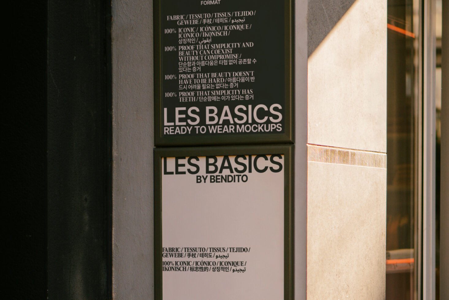 Wall signs featuring Les Basics ready to wear mockups by Bendito. Ideal for designers seeking high-quality templates and graphics for creative projects.