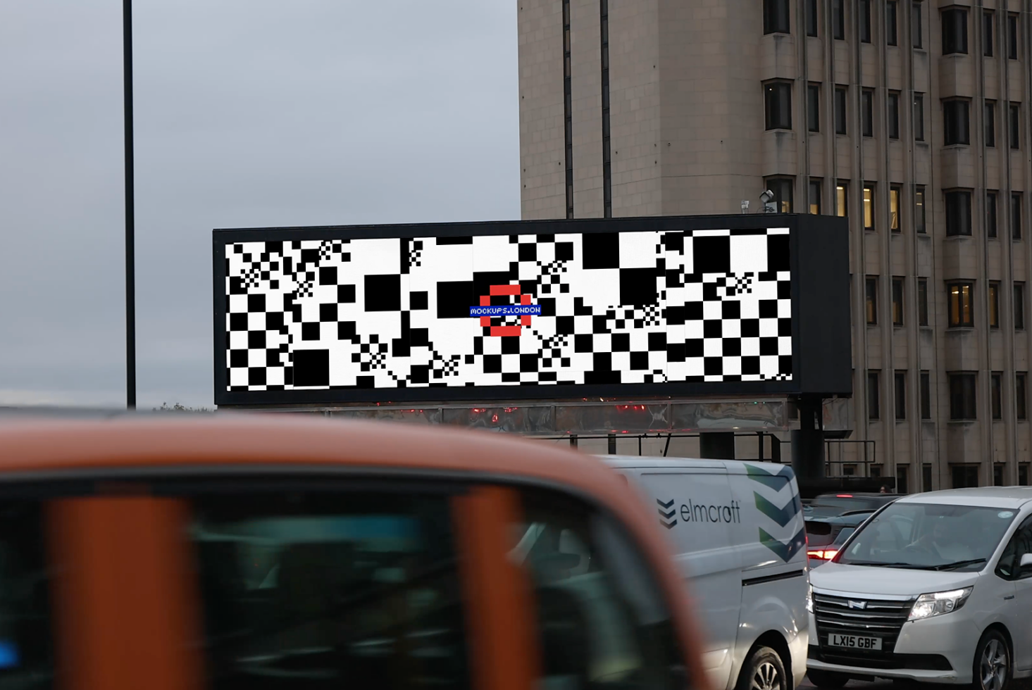 Digital billboard mockup displaying geometric black and white design in urban setting perfect for designers creating advertising templates and graphics.