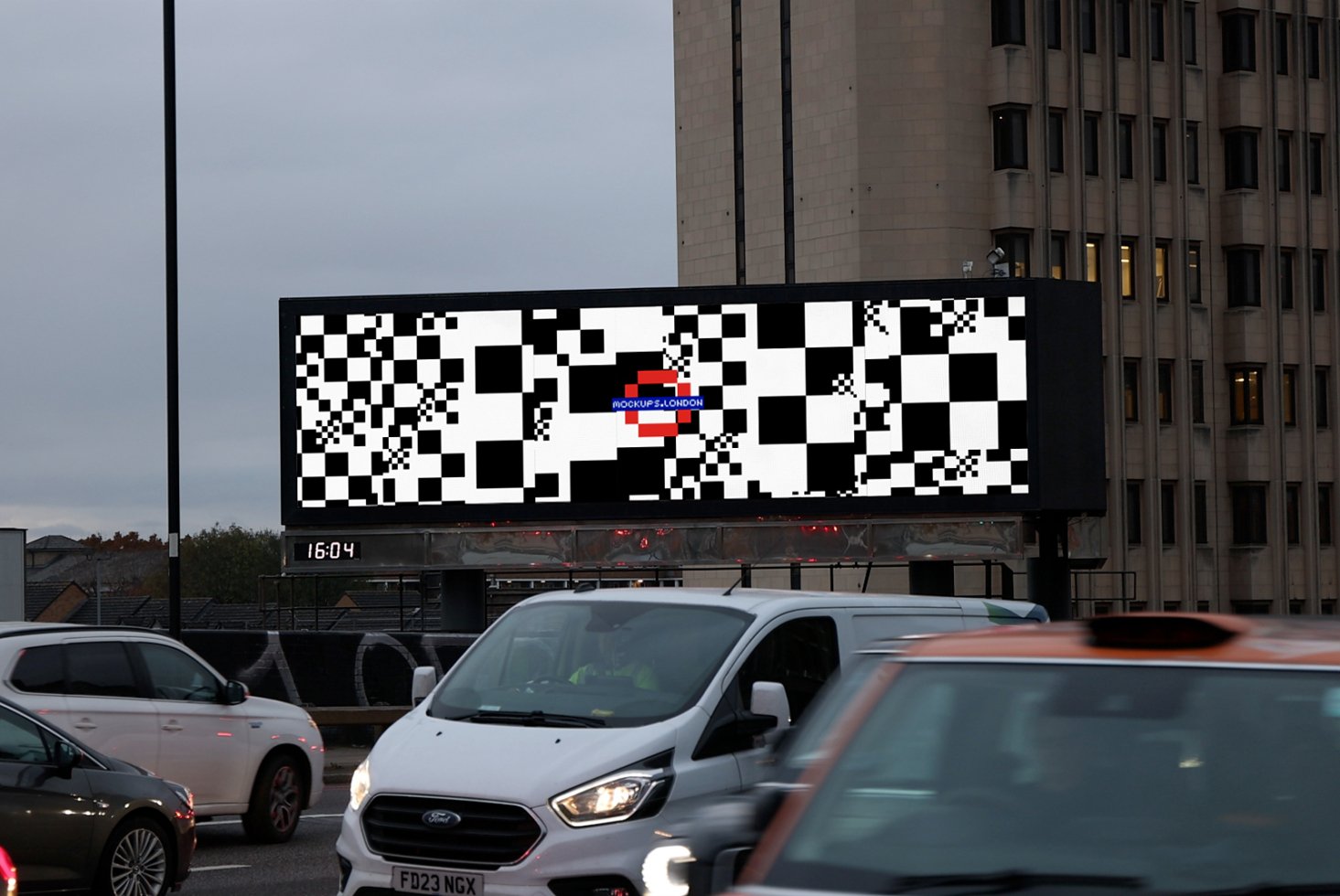 Large digital billboard mockup with black and white pixel pattern in urban setting. Ideal for ad designers. Displayed above busy road. High-resolution.