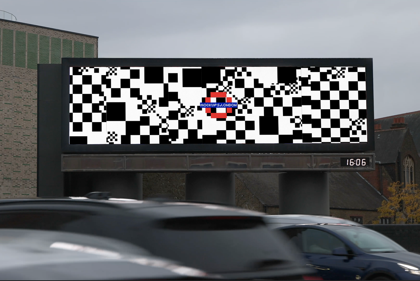Outdoor digital billboard mockup displaying a black and white checkerboard pattern, ideal for showcasing graphic designs, templates, and advertising concepts.