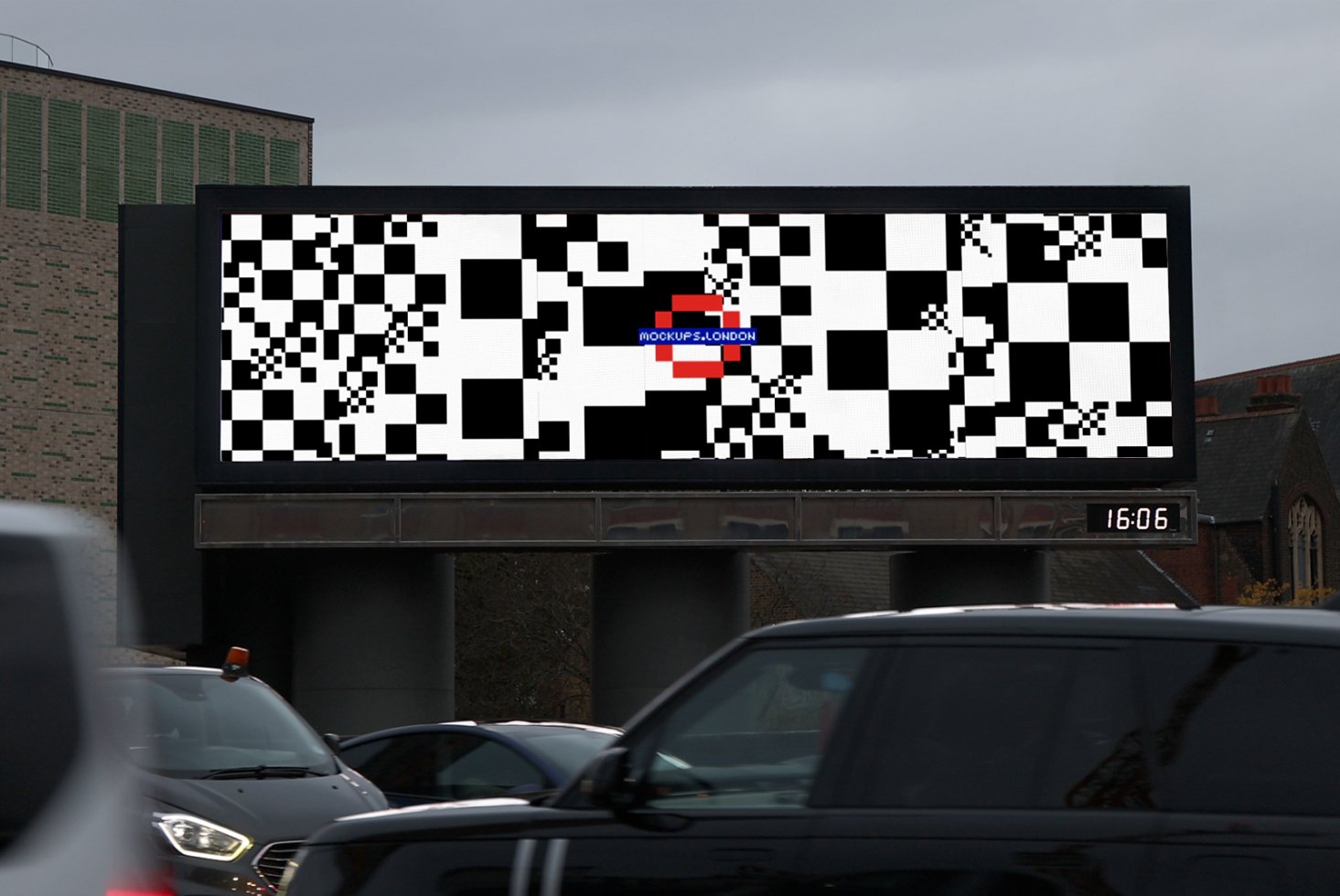 Urban digital billboard mockup design with black and white pixelated graphic and Mockups London text ideal for template and graphic design assets.