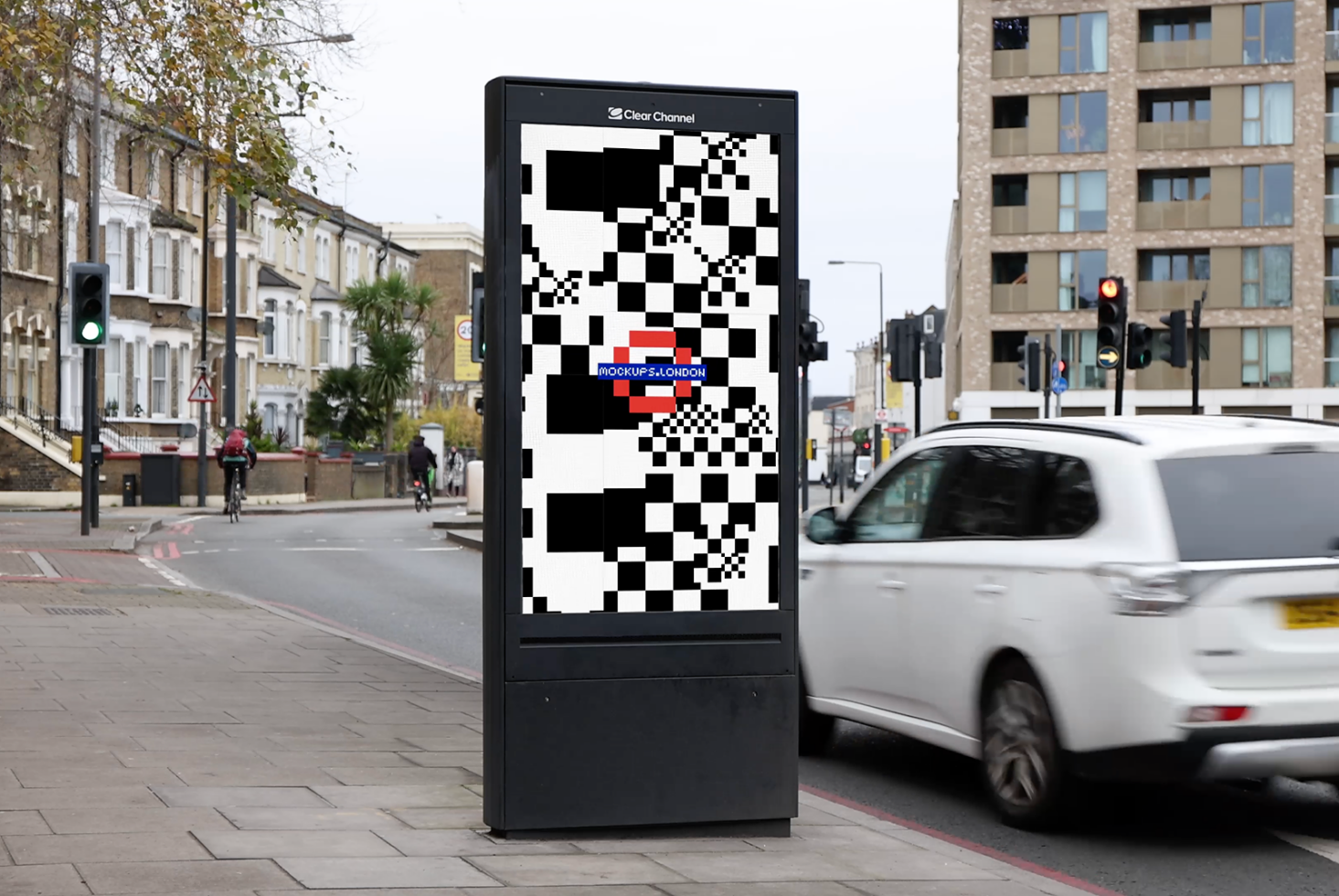 Outdoor digital billboard mockup displaying abstract black and white patterns with a red center located on a London street; ideal for graphic designers.