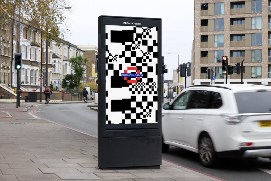 Outdoor digital billboard mockup displaying abstract black and white patterns with a red center located on a London street; ideal for graphic designers.
