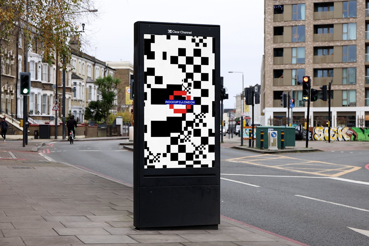 City street with digital display showcasing monochrome pixelated mockup design ideal for urban advertising templates and graphic design presentations.