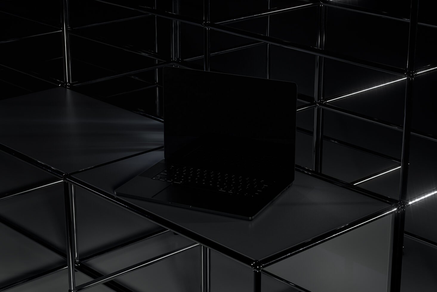Dark laptop mockup on a sleek grid structure for designers, ideal for showcasing modern tech designs, templates, and digital graphics in a minimalist style.