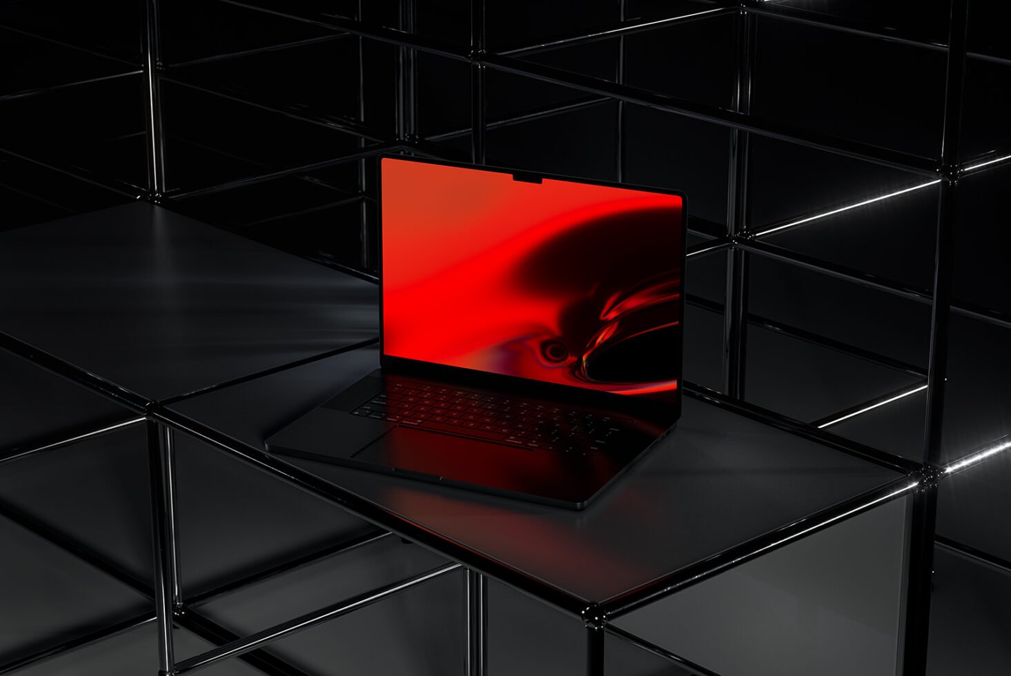 Sleek laptop mockup with vivid red abstract screen over glossy geometric grid background ideal for technology presentation modern design visualization