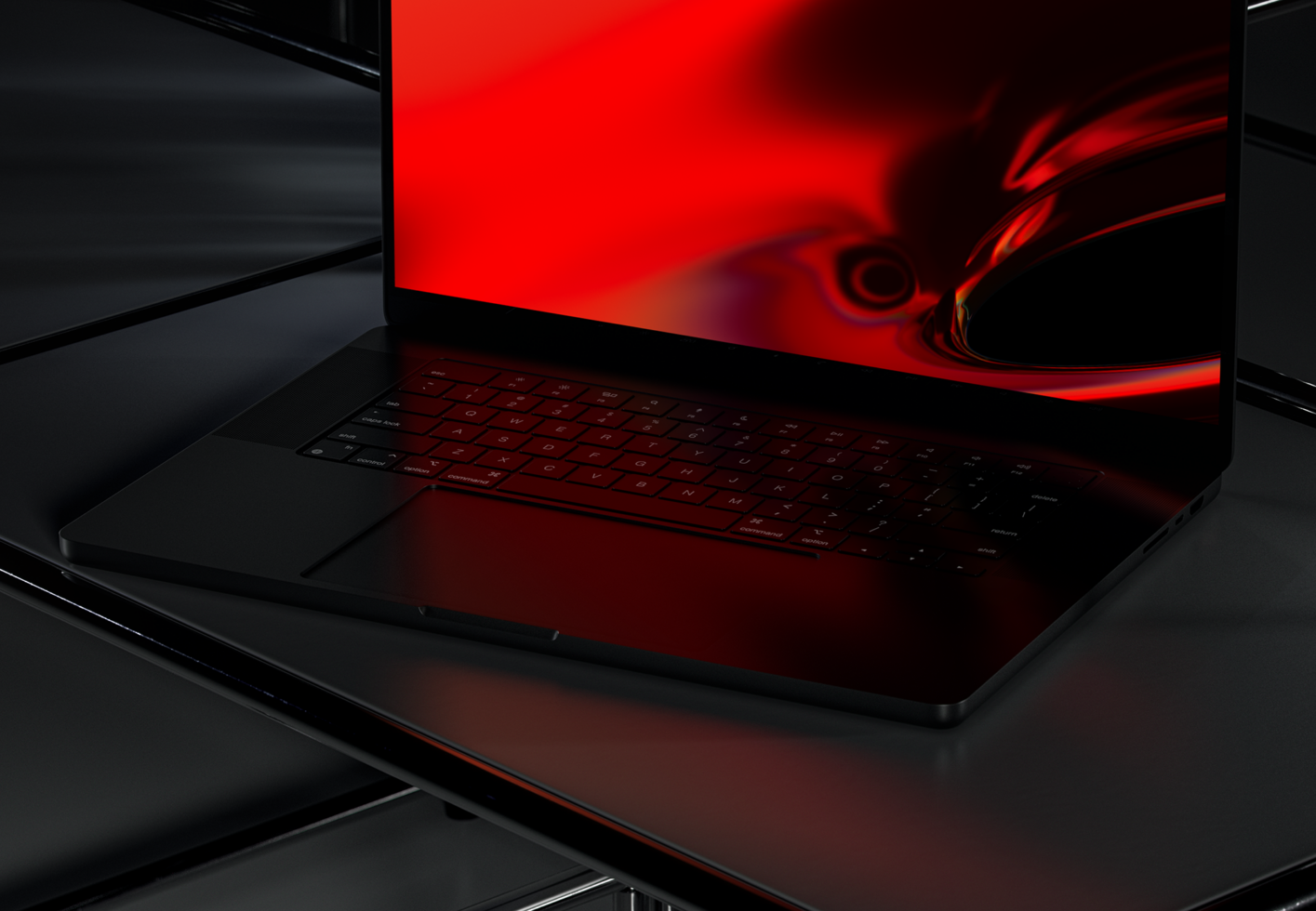 Laptop mockup on sleek black table with vibrant red abstract screen. Perfect for graphic designers and template creators. Keyword-rich digital asset.