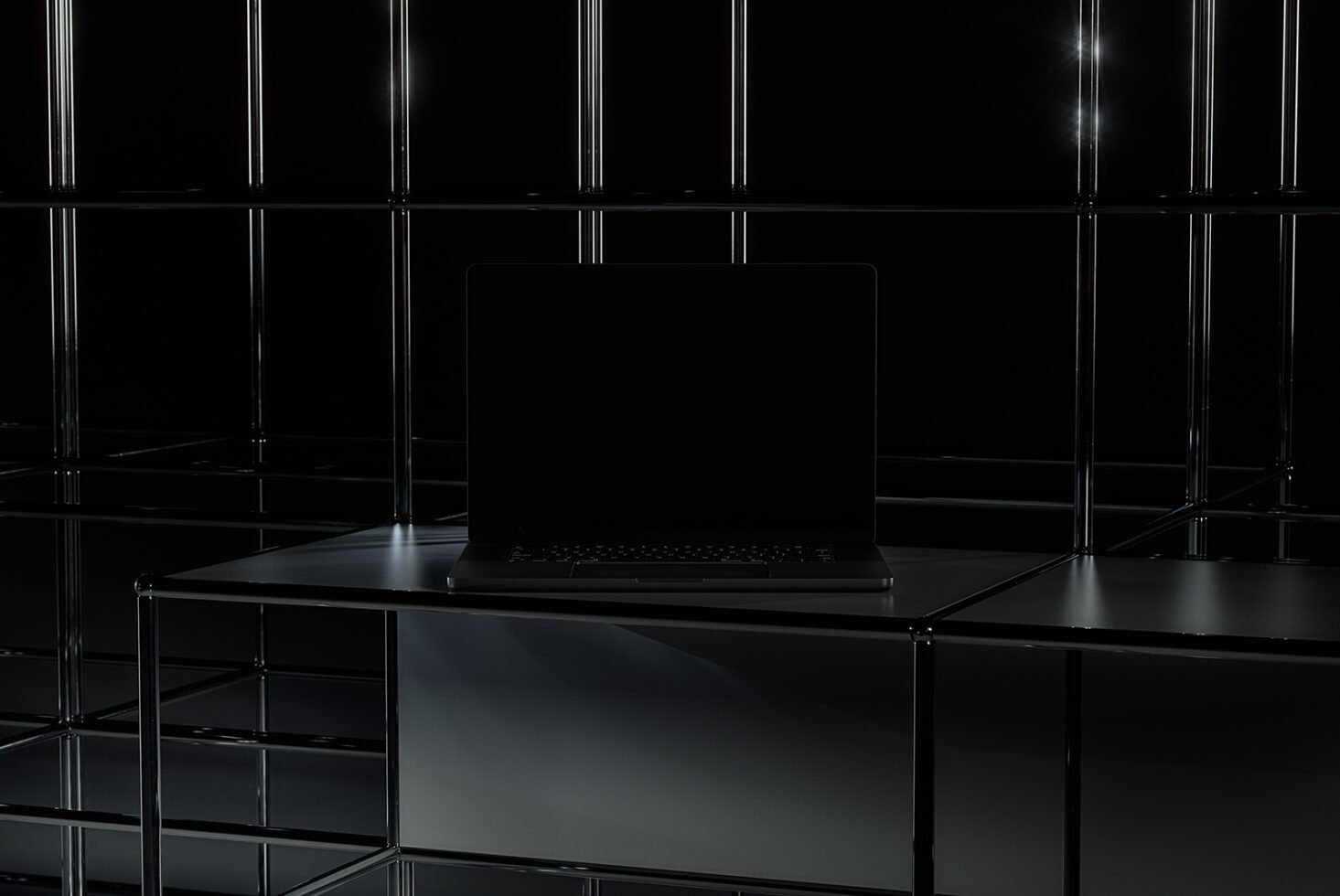 Dark-themed laptop mockup on sleek metal shelves ideal for graphic designers showcasing tech products modern minimalist aesthetic professional presentation.