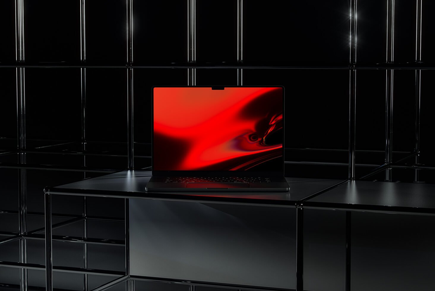 Laptop mockup with vibrant red abstract display on a sleek black metal grid background perfect for digital design presentations and showcasing templates