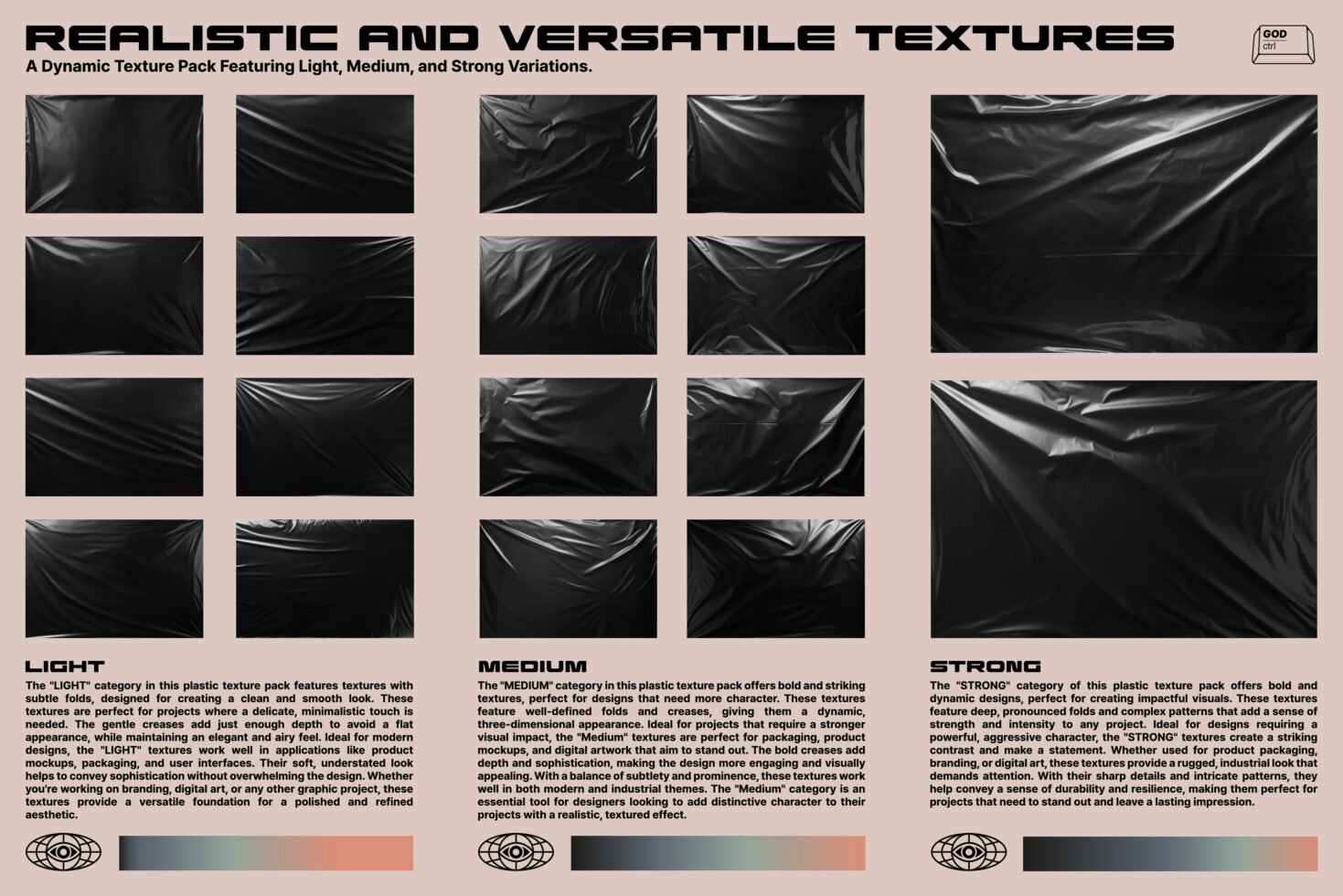 Plastic texture pack featuring light, medium, and strong variations. Ideal for mockups, graphics, and templates. Perfect for digital designers.