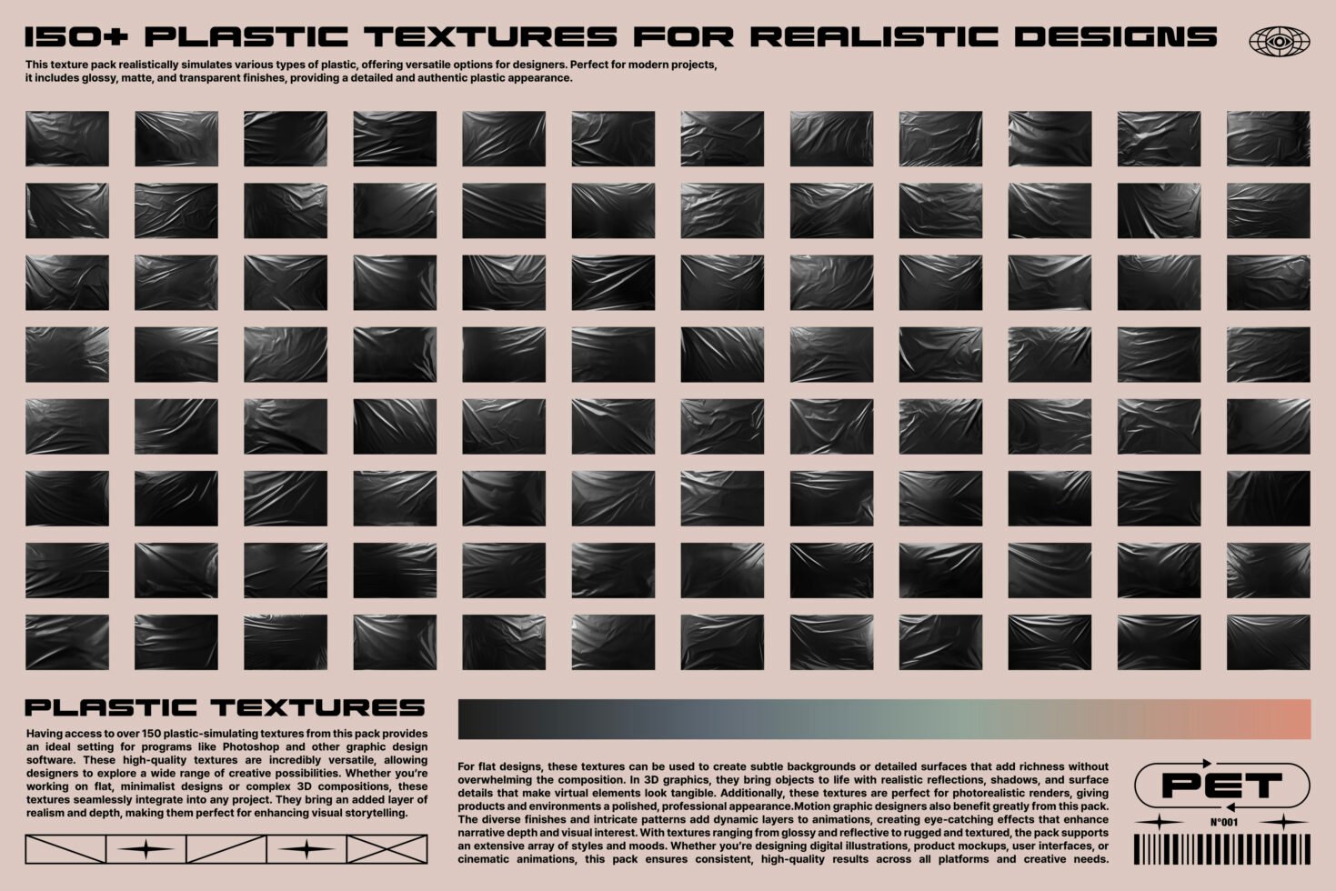 Plastic textures collection featuring 150 realistic designs for digital mockups and graphic templates. Perfect for designers seeking versatile texture assets.