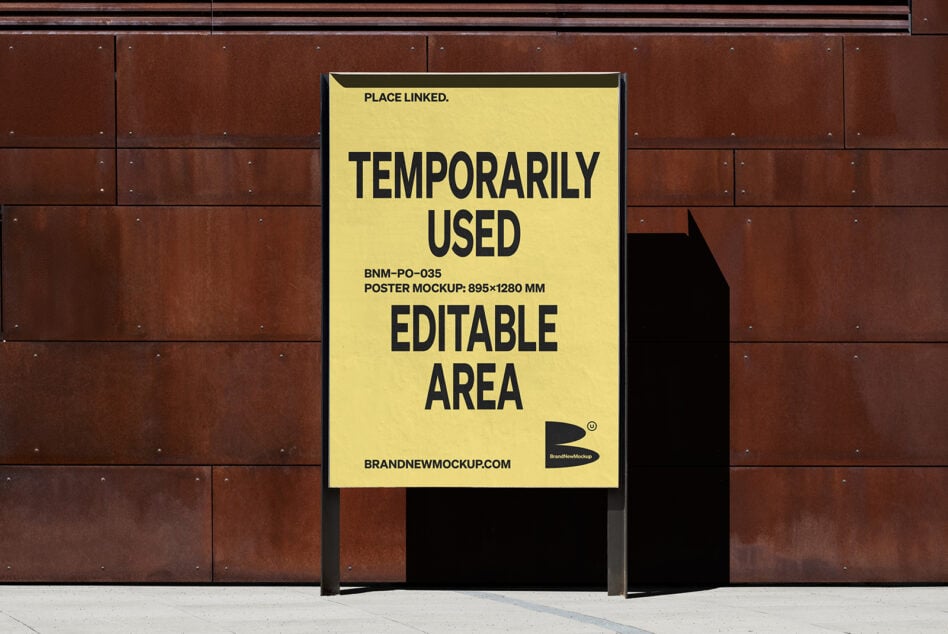Yellow billboard on weathered brown metal facade with shadow play mockup