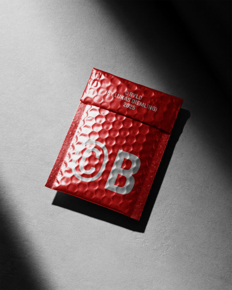 Red bubble mailer on gray background perfect for mockups photography high-quality digital asset for designers minimalist packaging design graphics element