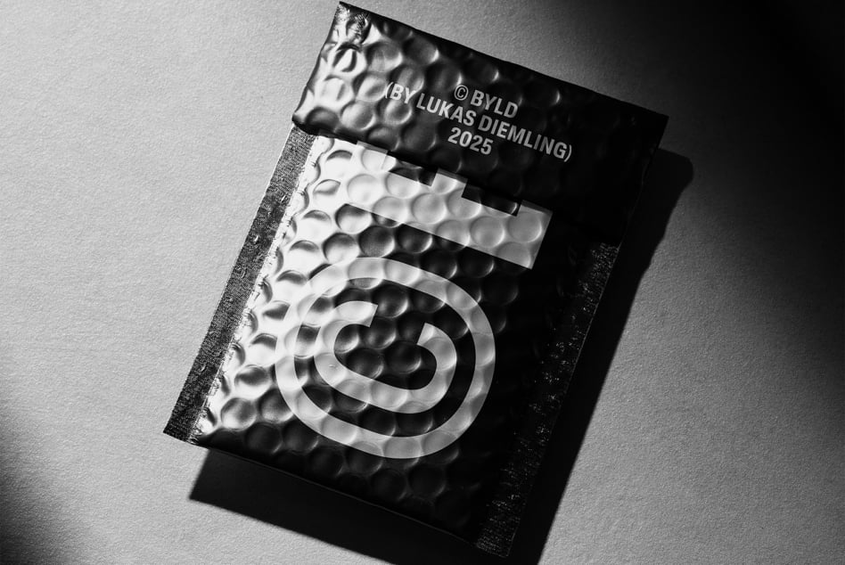 Black and white mockup of bubble mailer with logo design on textured surface ideal for designers seeking packaging templates and branding visuals.