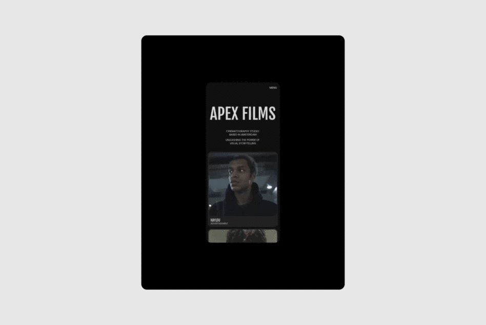Mobile film studio website mockup featuring Apex Films branding, dark theme, showcasing a cinematic image. Ideal for designers, UI UX mockup assets.