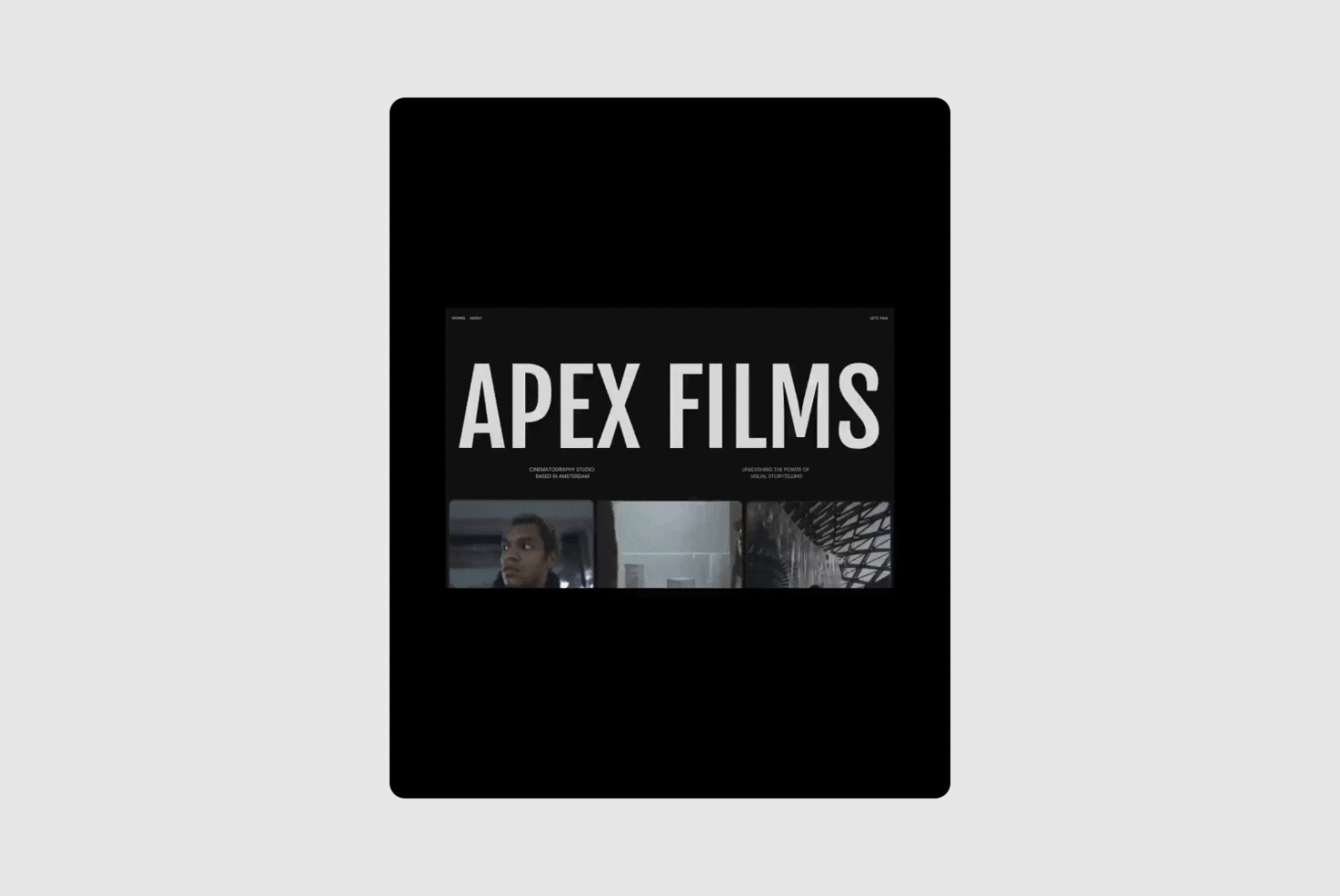 Website mockup for a cinematography studio featuring bold sans-serif typography with film imagery and a minimalist black background. Design assets for creatives.