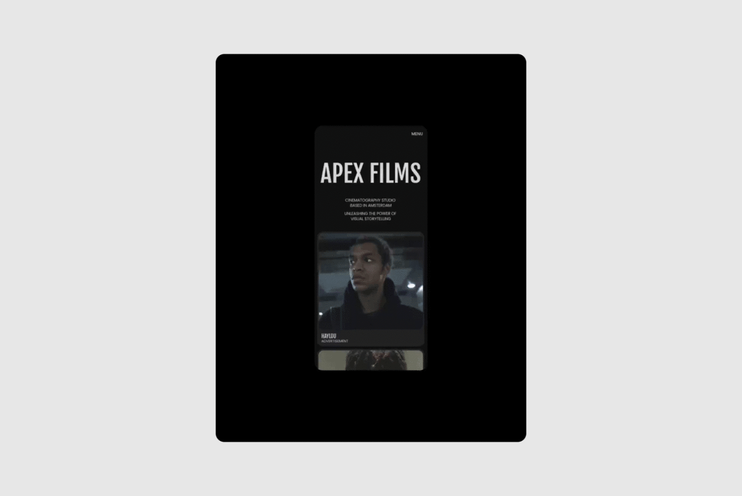 Mobile mockup showcasing Apex Films app interface. Black background highlights modern design. Ideal for UI designers digital assets mockups templates.