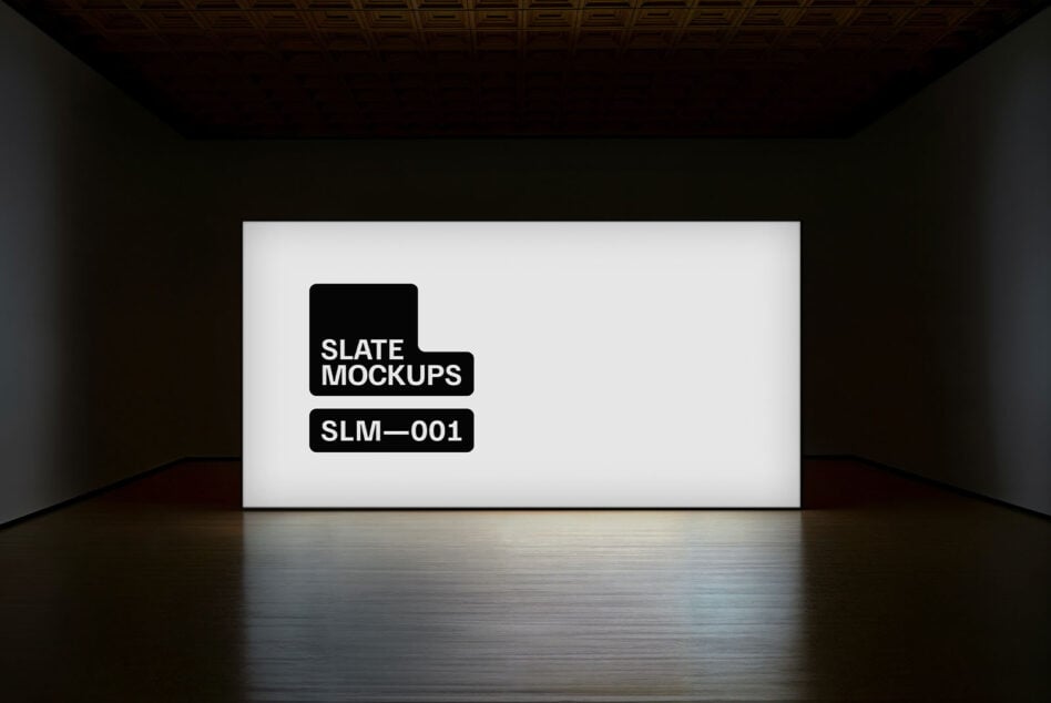 Blank studio wall mockup with Slate Mockups branding SLM-001 in a minimal dark room ideal for showcasing designs clean presentation digital assets