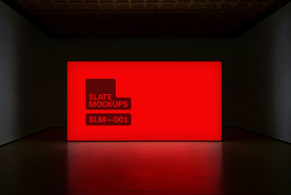 Red display showcasing Slate Mockups SLM001 in a dimly lit gallery environment perfect for digital assets designers templates mockups SEO friendly