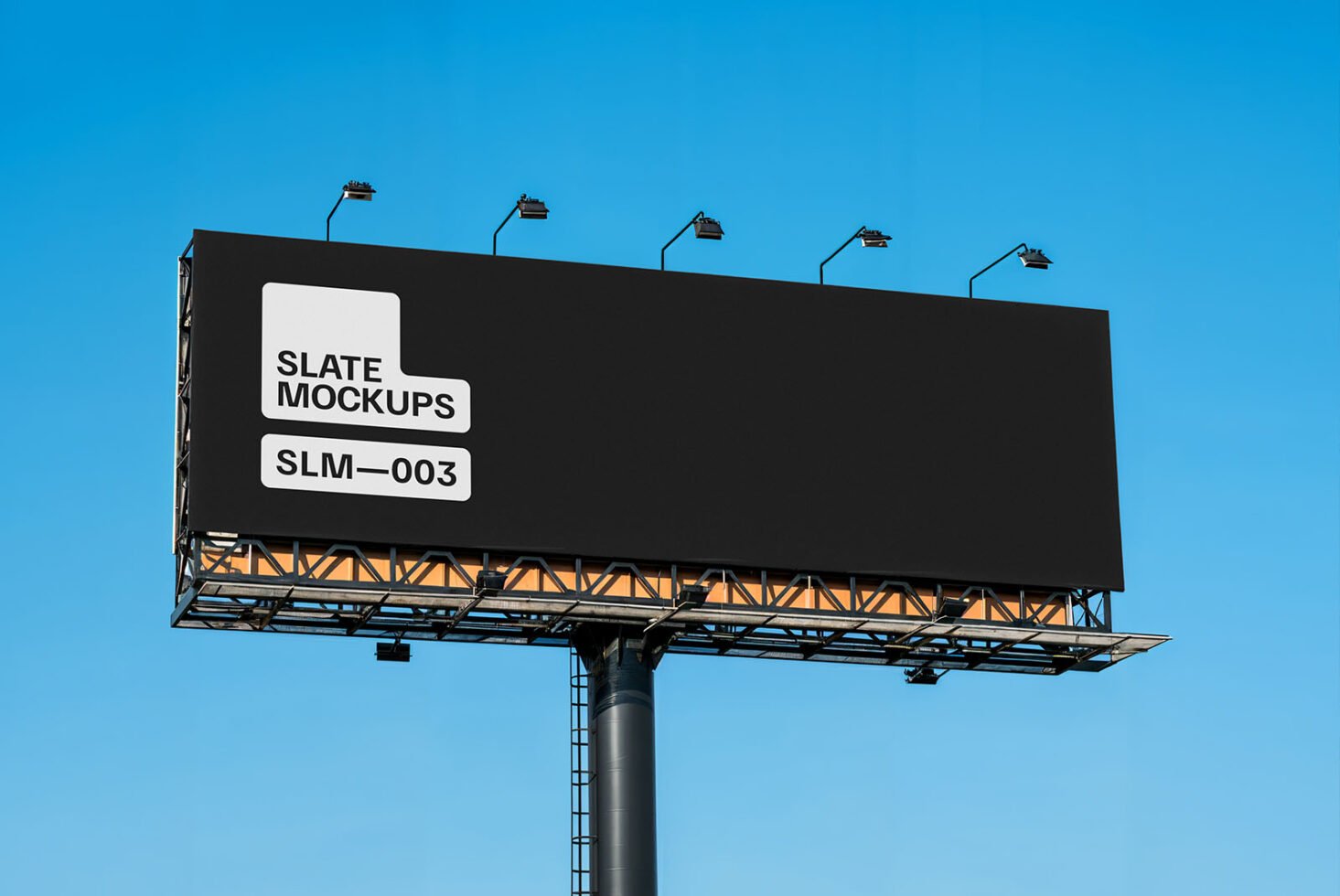 Outdoor billboard mockup against blue sky, featuring blank black display for design presentation. Perfect for showcasing ad designs or branding concepts.
