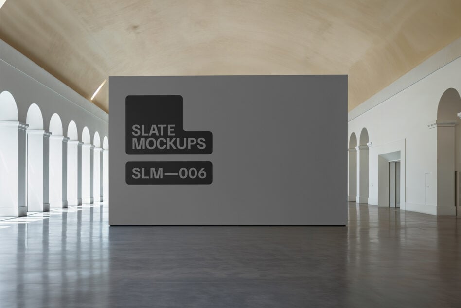 Large canvas mockup in white gallery with text overlay display