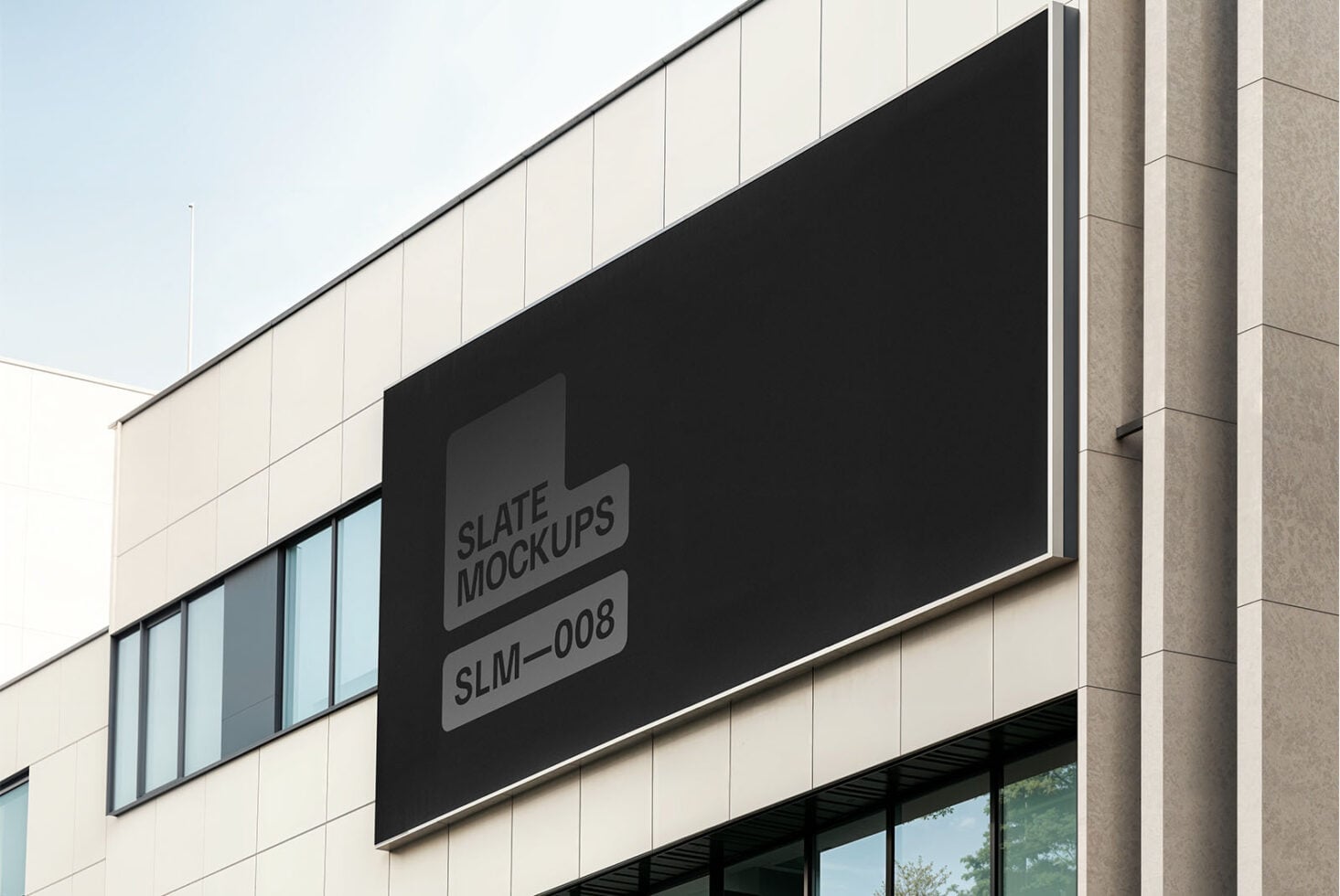 Black slate sign mockup on building exterior showing product placement in daylight