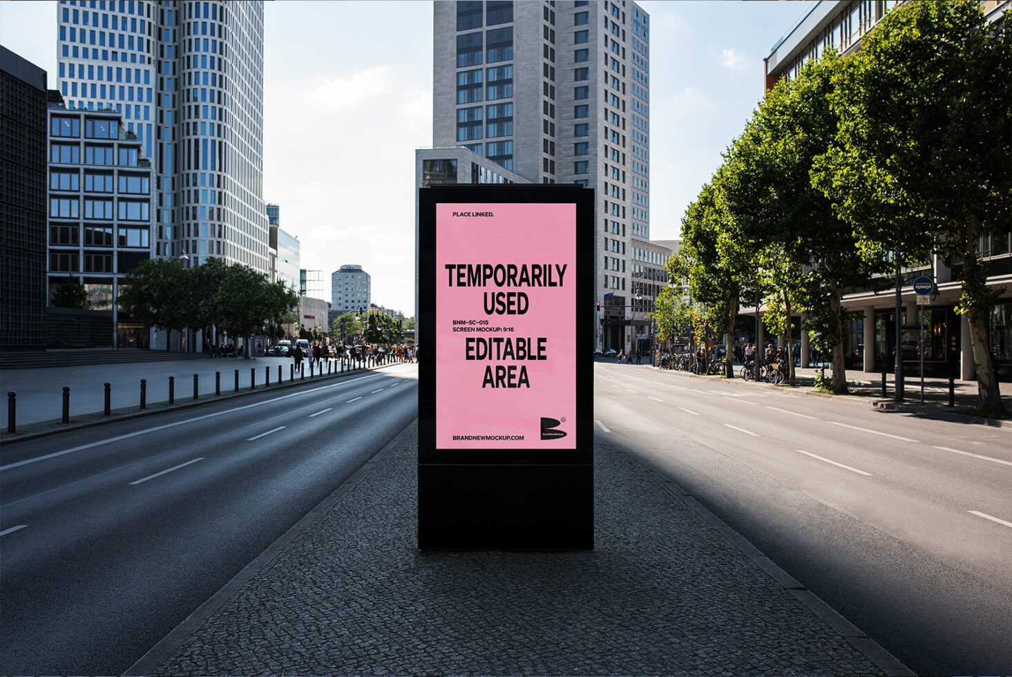 Urban street light box mockup with an editable pink poster, perfect for showcasing advertisements, posters, and graphic design templates for designers.