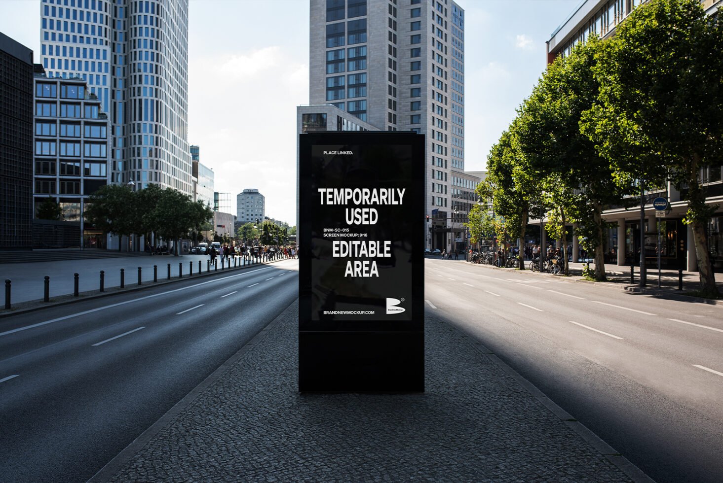 Urban billboard mockup with editable area in bustling city street surrounded by modern buildings and trees perfect for graphic design templates and ads