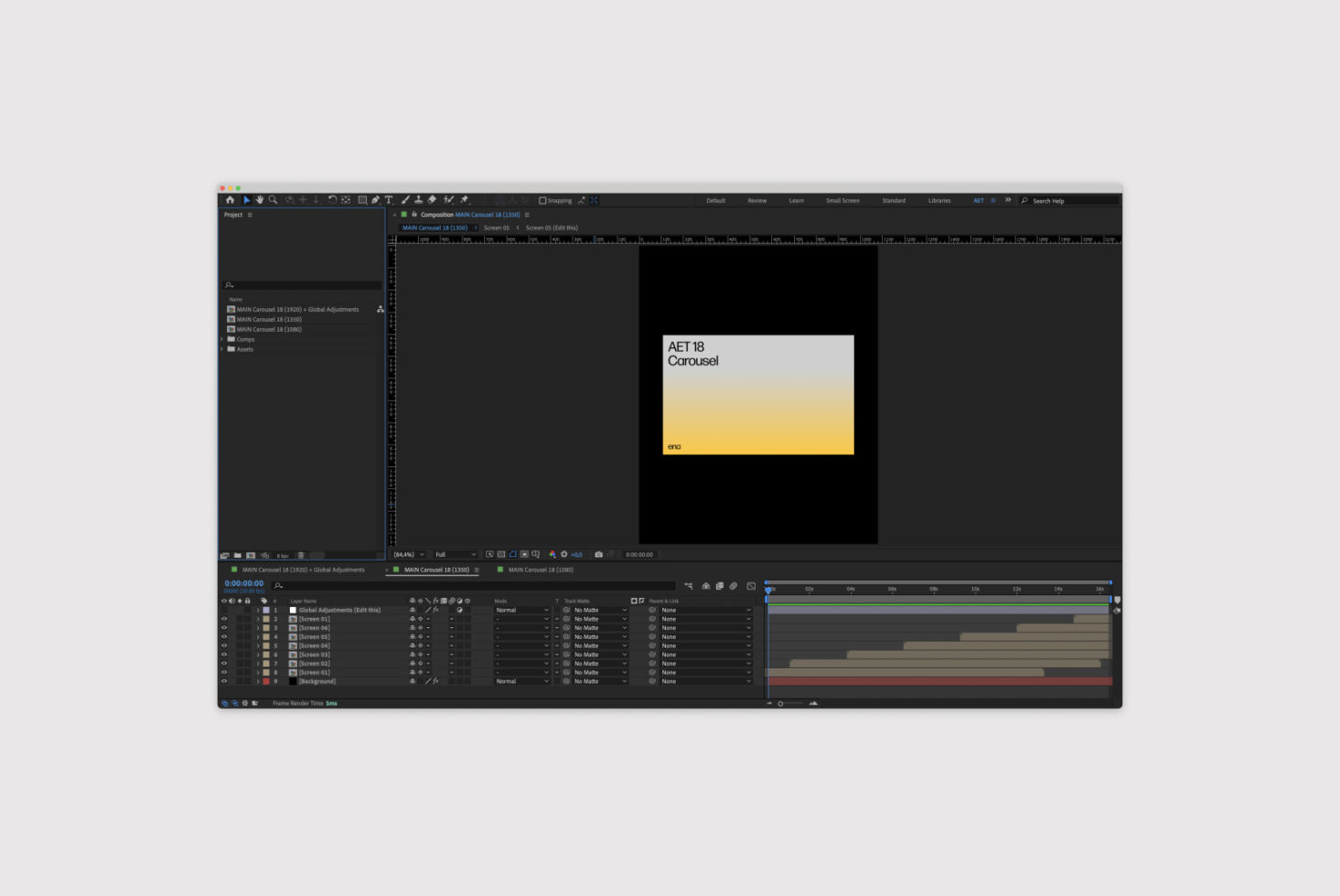 Digital design software interface displaying a gradient carousel template in progress with timeline layers visible useful for designers creating graphics.