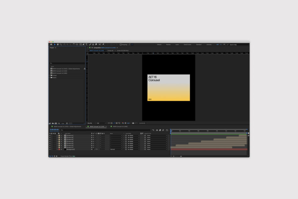 After Effects project screenshot showcasing a carousel template for designers. Ideal for digital mockups and presentation graphics. Editable layers visible.