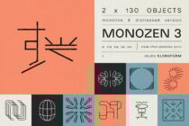 Monoline distressed vector graphic pack Monozon 3 with 260 objects for designers. Includes ai png svg jpg eps formats. Ideal for templates and mockups.