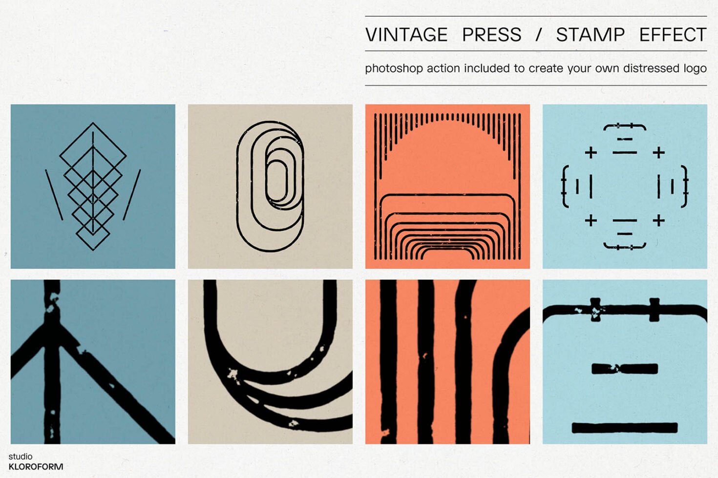 Vintage press stamp effect template design featuring geometric patterns in muted colors. Ideal for designers seeking retro aesthetics and logo mockups.