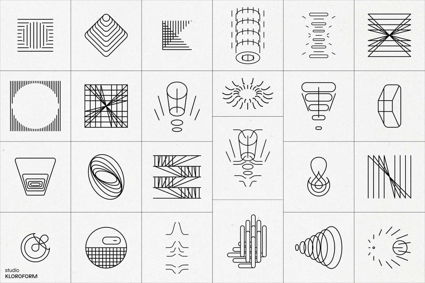 Collection of abstract geometric line art icons on a grid background ideal for design assets featuring modern patterns and shapes for graphic templates.