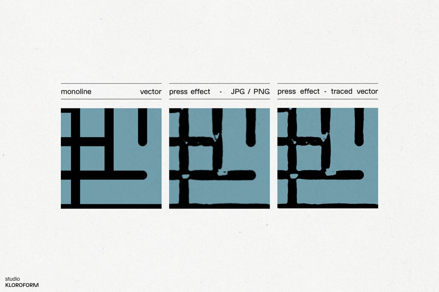 Vector mockup showing three design variations: monoline vector, press effect JPG PNG, and press effect traced vector for digital design assets.