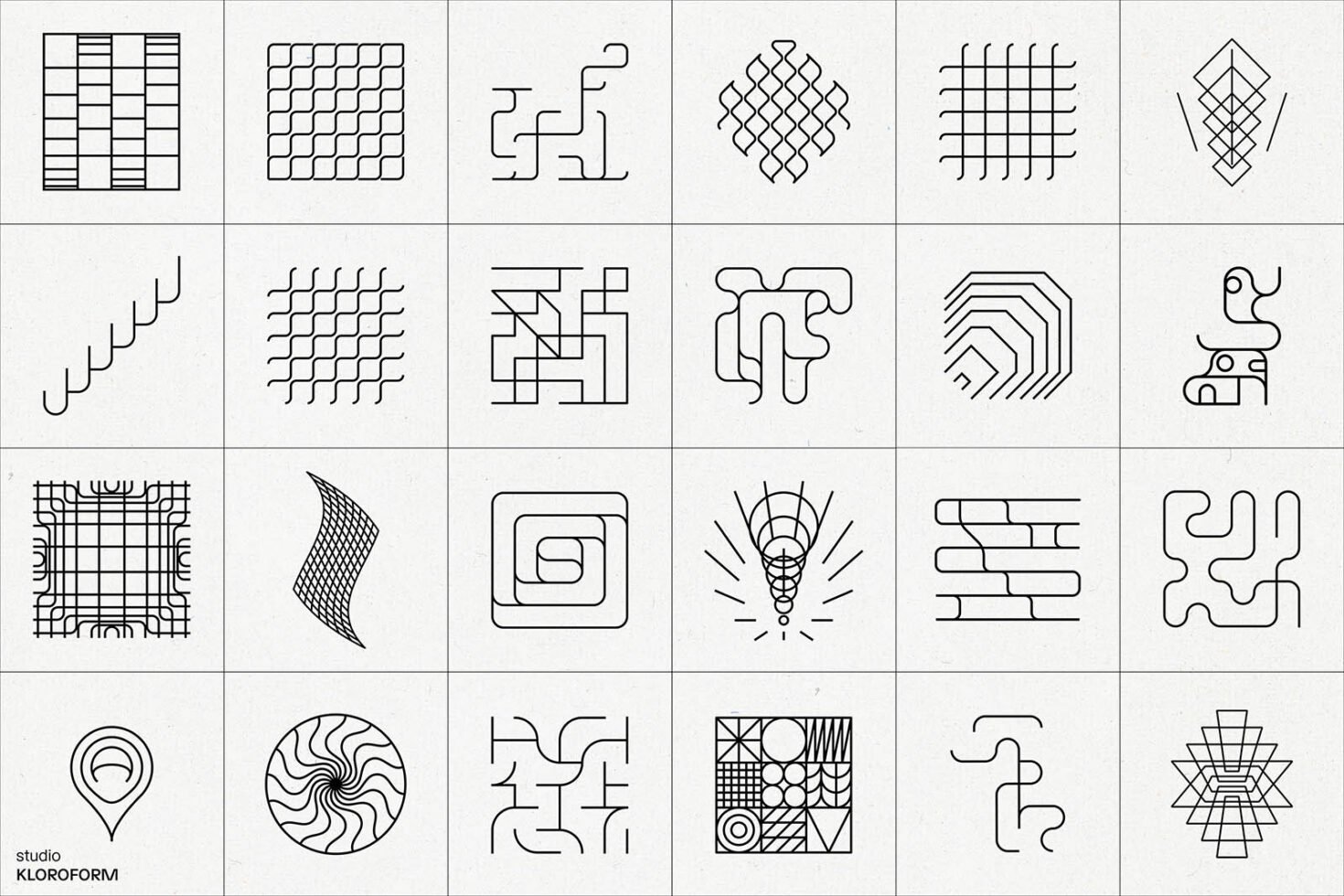 Grid of 24 abstract geometric line patterns ideal for design assets. Perfect for templates and graphics. Keywords: abstract, geometric, patterns.