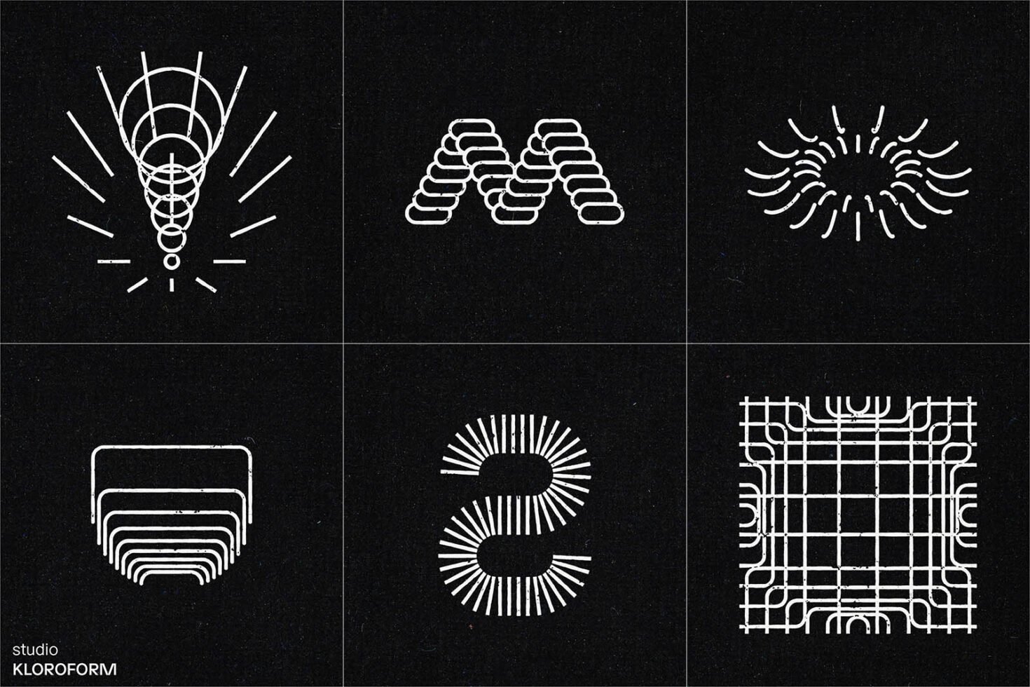 Abstract geometric graphic elements on a black background, perfect for branding design and templates. Minimalist line art vectors for creative projects.
