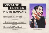 Vintage printer photo template specs with colorized purple portrait of person