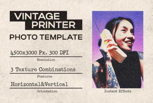 Vintage printer photo template with 4500x3000 px resolution 300 DPI features three texture combinations horizontal vertical orientation designers asset