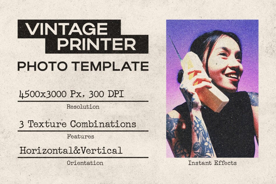 Vintage printer photo template with 4500x3000 px resolution 300 DPI features three texture combinations horizontal vertical orientation designers asset