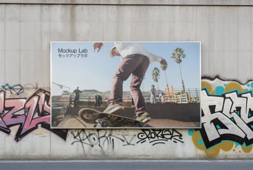 Skateboard mockup design on graffiti wall with urban skate park background ideal for street art presentations templates and creative design projects.