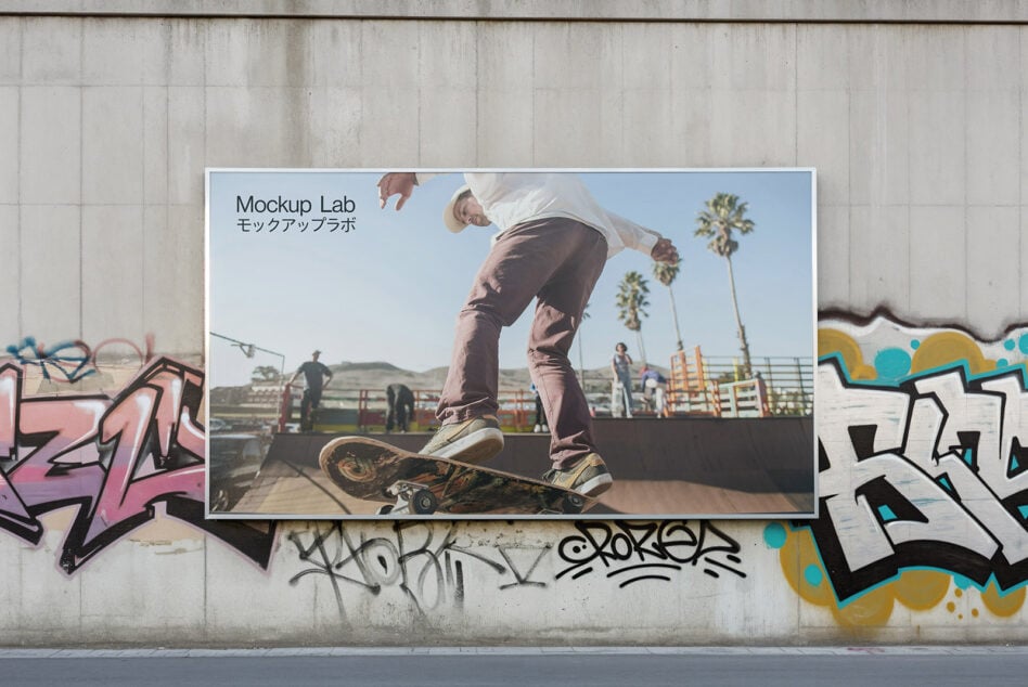 Skateboard mockup design on graffiti wall with urban skate park background ideal for street art presentations templates and creative design projects.