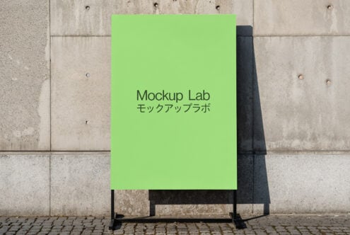 Green poster mockup on concrete wall with Japanese text. Ideal for showcasing design projects. Keywords: poster, mockup, graphic design, template.