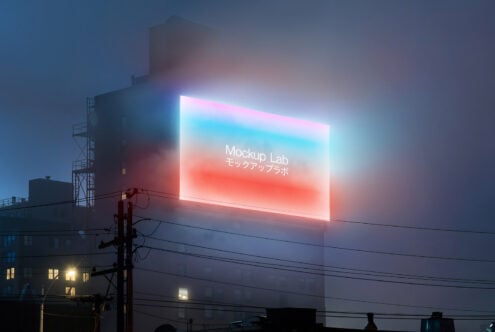 Neon urban billboard mockup in fog for designers. Perfect visual for graphics, advertising templates, and creative marketing projects.