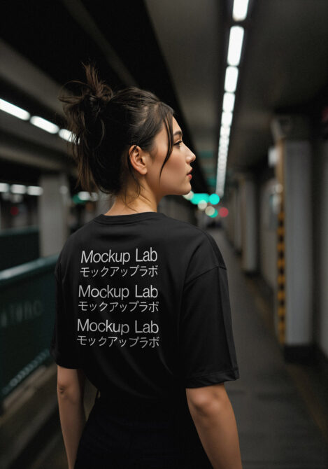 Woman in black crewneck tee with repeated Mockup Lab text stacked on back