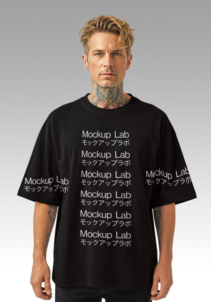 Black t-shirt mockup featuring modern font with English and Japanese text Mockup Lab ideal for graphic designers fashion templates and print designs.