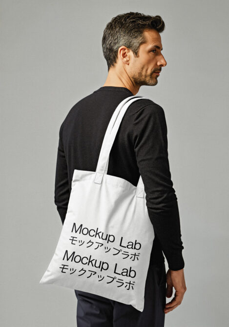 White canvas tote bag with black text slung over man's shoulder